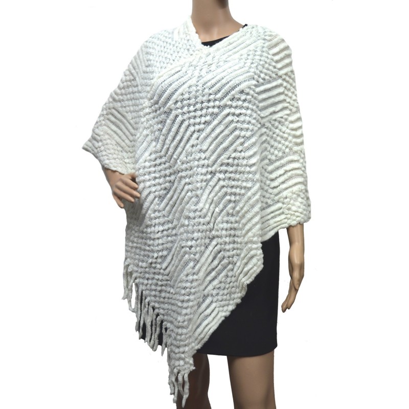 Poncho maille quadrillé ecru