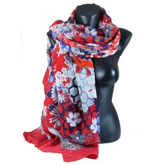 Cheche polyester rouge à marguerites