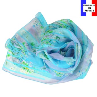 Echarpe de soie bleue à fleurs fabriquée en France