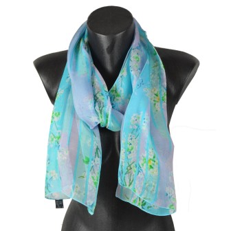 Echarpe de soie bleue à fleurs fabriquée en France