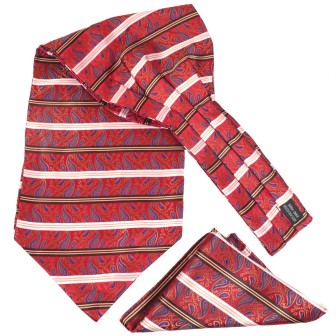 Foulard ascot et pochette rouge paisley et rayures