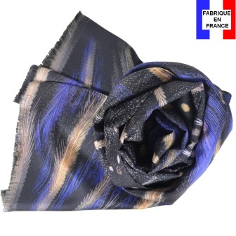 Echarpe soie homme "plumes" bleue