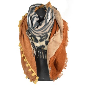Chale carré patchwork zèbre et léopard marron