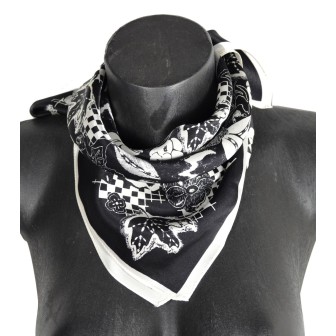 Carré soie 50cm noir fleurs blanches