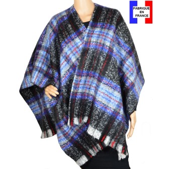 Poncho mohair ecossais bleu fabriqué en France