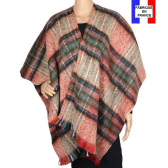 Poncho mohair ecossais rouge et beige fabriqué en France