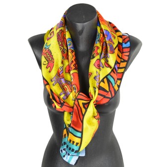 Carré soie art naif "Chats-coeurs" - jaune