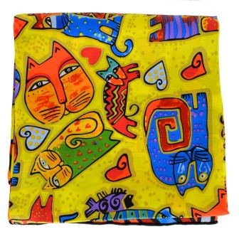 Carré soie art naif "Chats-coeurs" - jaune