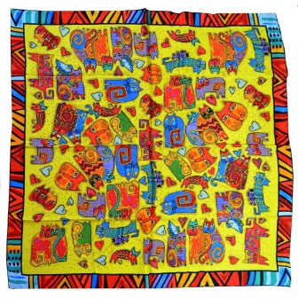 Carré soie art naif "Chats-coeurs" - jaune