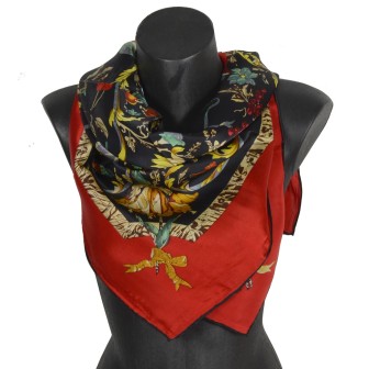 Grand carré de soie noir et rouge à fleurs