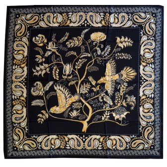Grand carré de soie noir à oiseaux