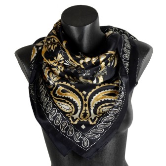 Grand carré de soie noir à oiseaux