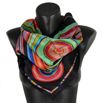 Carré soie noir cercles multicolore