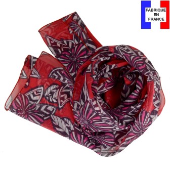 Foulard en soie fleurs tropicales rouge fabriqué en France
