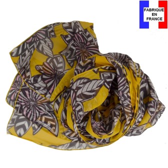 Foulard en soie fleurs tropicales jaune fabriqué en France