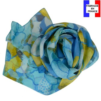 Foulard en soie Pivoine bleu fabriqué en France