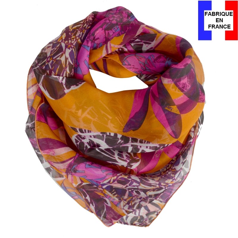 Carré de soie Belle fleur orange fabriqué en France