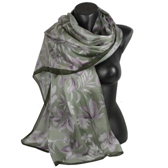 Etole mousseline soie verte fleurs beiges