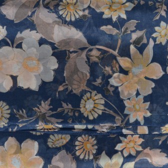 Etole mousseline soie bleue fleurs jaunes