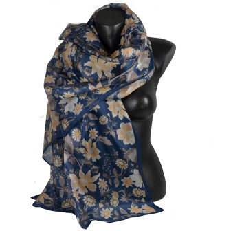 Etole mousseline soie bleue fleurs jaunes