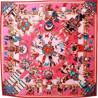 Carré soie Indiens sur fond rose