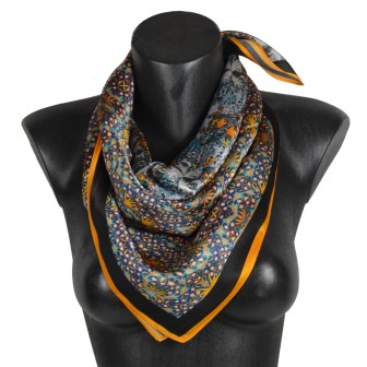 Carré soie 65cm orange et bleu à fleurs