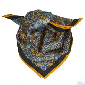 Carré soie 65cm orange et bleu à fleurs