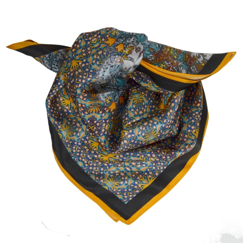 Carré soie 65cm orange et bleu à fleurs