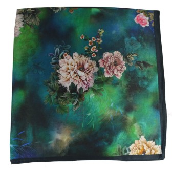 Carré soie 65cm vert à fleurs roses