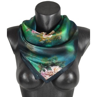 Carré soie 65cm vert à fleurs roses