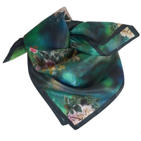 Carré soie 65cm vert à fleurs roses