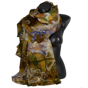 Etole en soie marron grandes fleurs