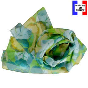 Foulard en soie pivoine vert fabriqué en France