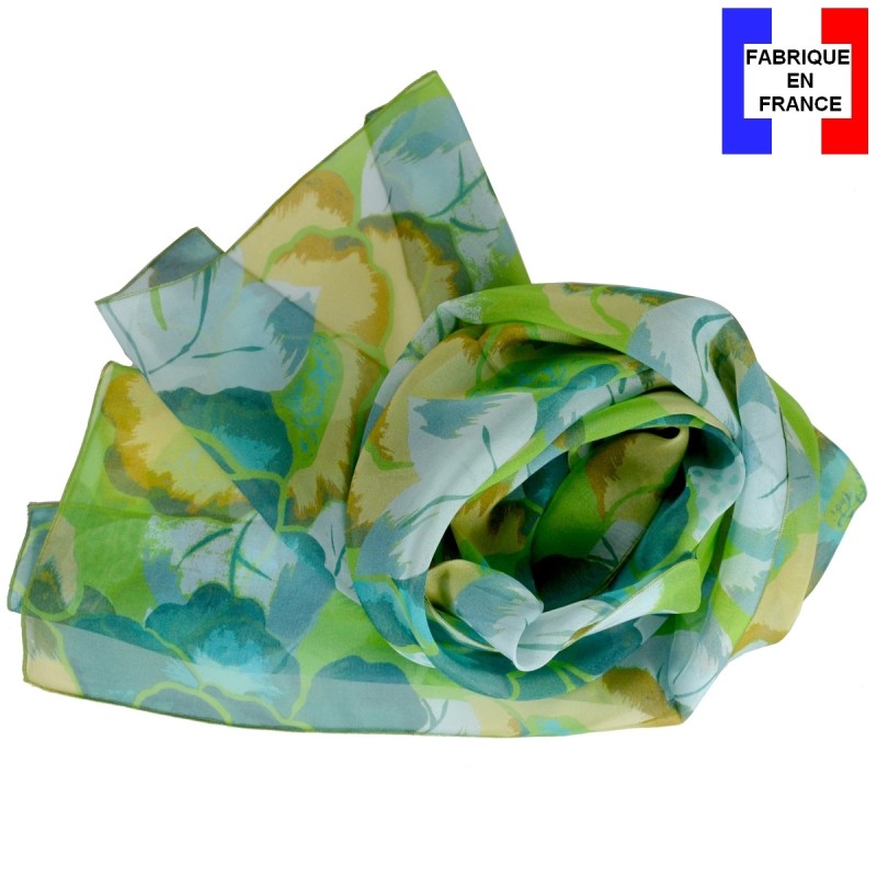 Foulard en soie pivoine vert fabriqué en France
