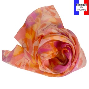 Foulard en soie pivoine corail fabriqué en France