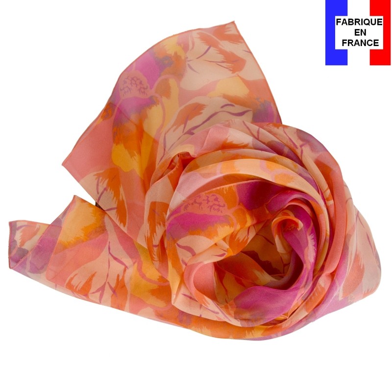 Foulard en soie pivoine corail fabriqué en France