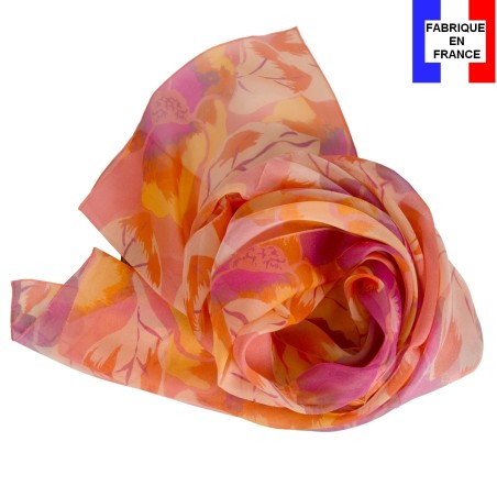 Foulard en soie pivoine corail fabriqué en France