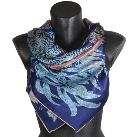 Grand carré de soie bleu fougères