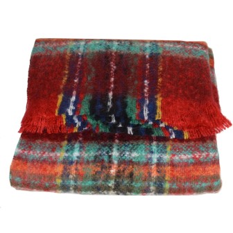 Châle mohair écossais rouge et turquoise fabriqué en France