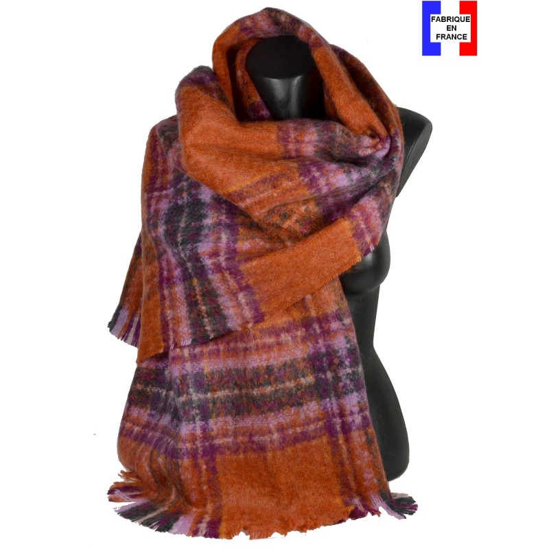 Châle mohair écossais orange et rose fabriqué en France