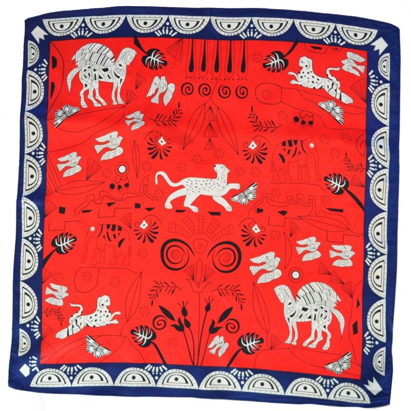 Carré soie 50cm animaux fond rouge