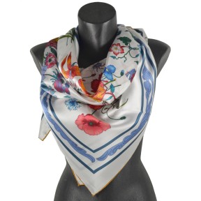 Grand carré de soie fleurs fond blanc