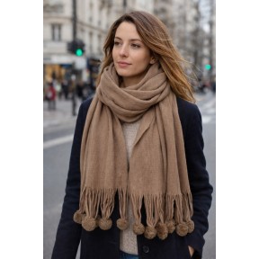 Longue écharpe beige à pompons