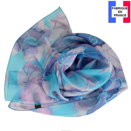 Foulard en soie pivoine bleu fabriqué en France